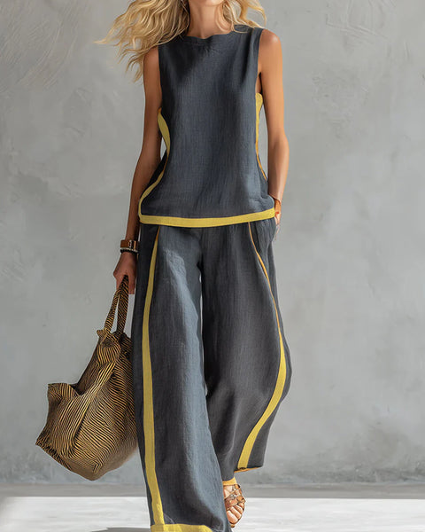 Ursula - Elegant og casual sæt med vest og bukser med tofarvede detaljer
