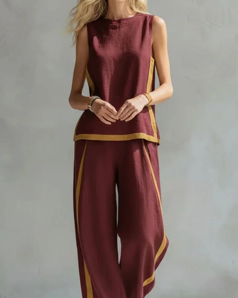 Ursula - Elegant og casual sæt med vest og bukser med tofarvede detaljer