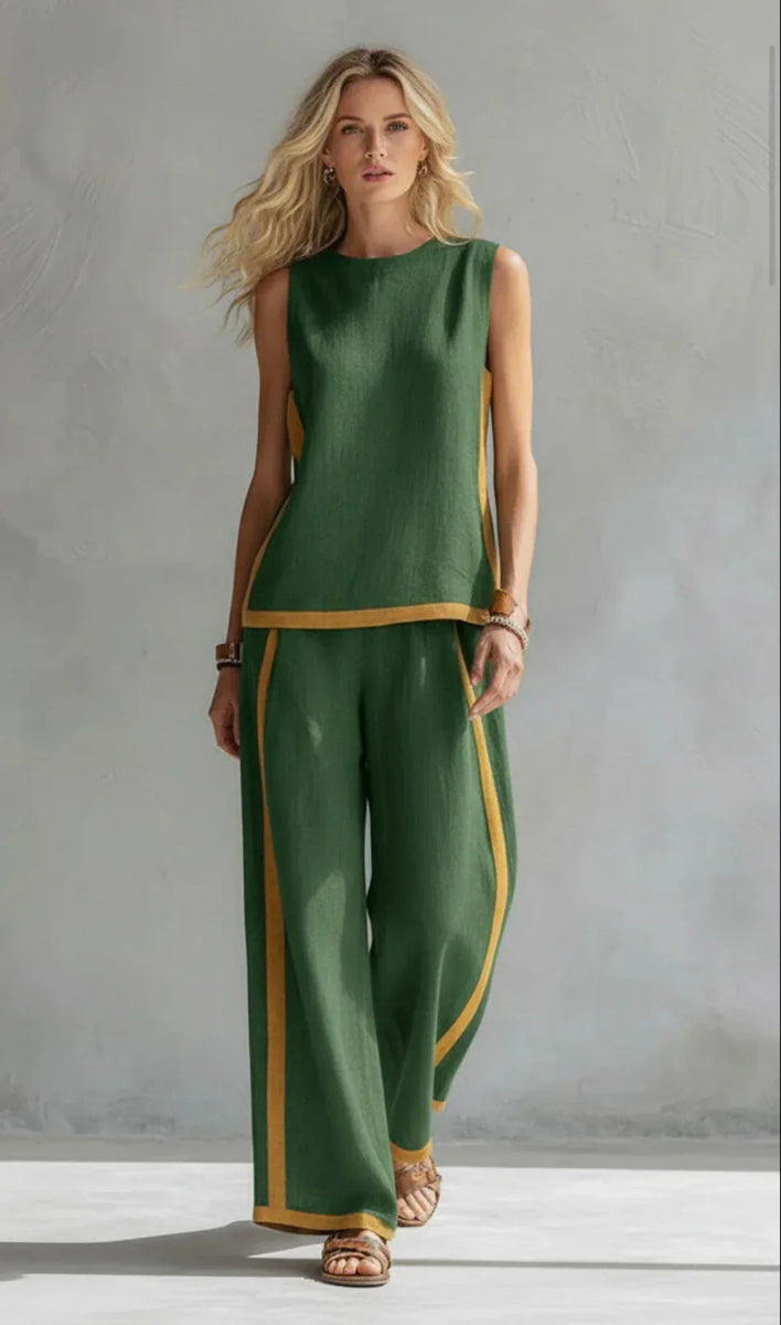 Ursula - Elegant og casual sæt med vest og bukser med tofarvede detaljer