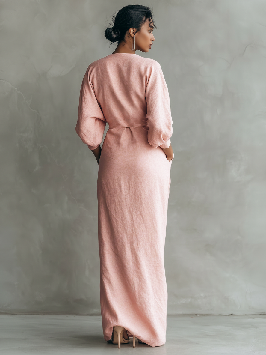 Taylor - Maxi Minimalistisk Kjole i Rosa med V-udskæring i Linnedblanding til Damer