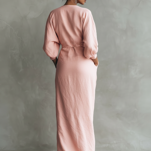 Taylor - Maxi Minimalistisk Kjole i Rosa med V-udskæring i Linnedblanding til Damer