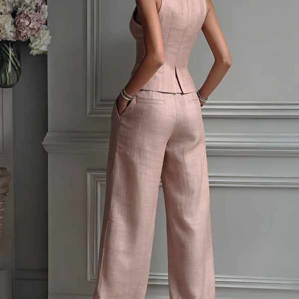 To-delt damesoutfit med V-udskæring og knapper
