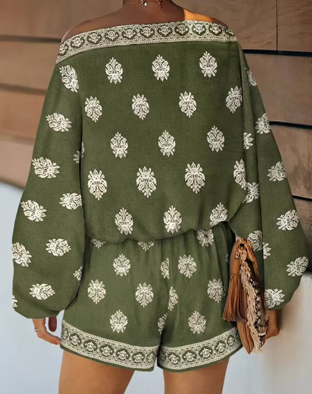 Bohemian Off-Shoulder Trykt Jumpsuit Sæt