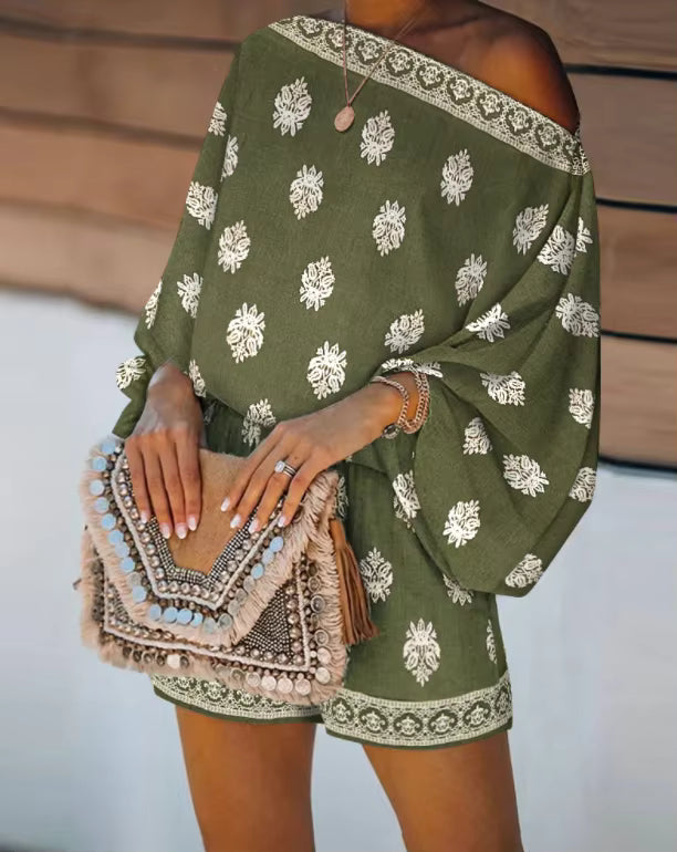 Bohemian Off-Shoulder Trykt Jumpsuit Sæt