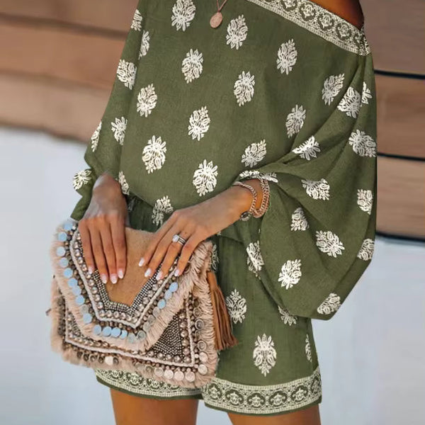 Bohemian Off-Shoulder Trykt Jumpsuit Sæt