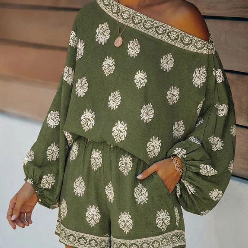 Bohemian Off-Shoulder Trykt Jumpsuit Sæt