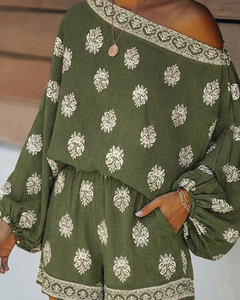 Bohemian Off-Shoulder Trykt Jumpsuit Sæt