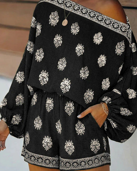 Bohemian Off-Shoulder Trykt Jumpsuit Sæt