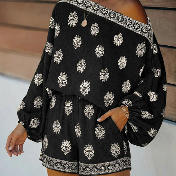 Bohemian Off-Shoulder Trykt Jumpsuit Sæt