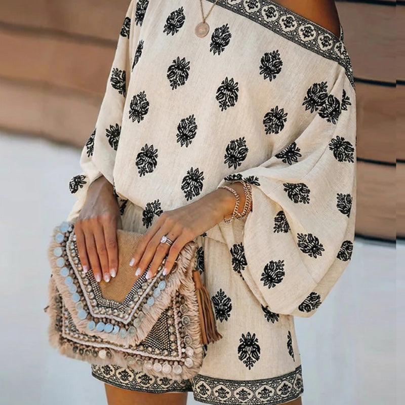 Bohemian Off-Shoulder Trykt Jumpsuit Sæt